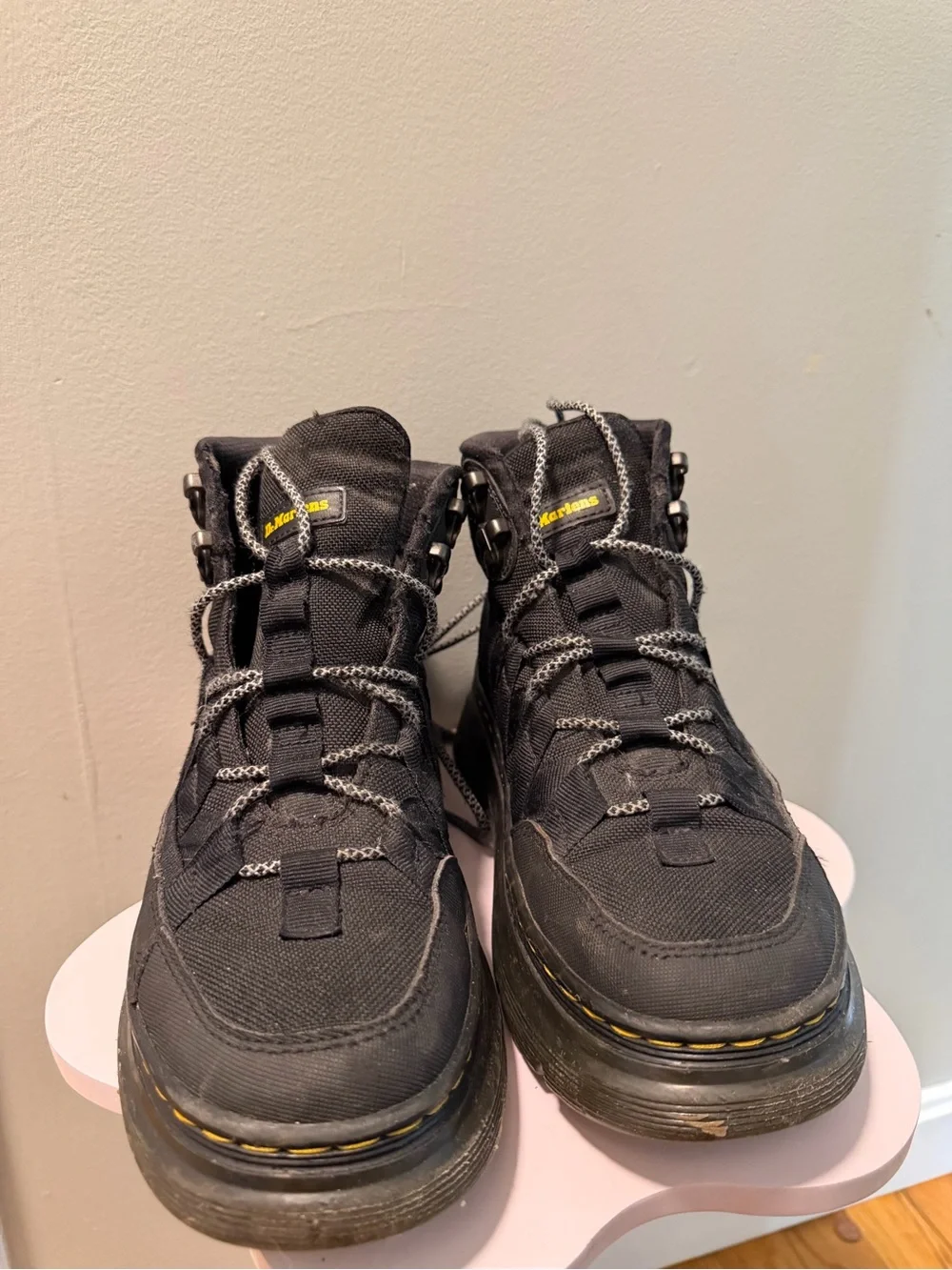 Dr. Martens Black Platform Lug Boots with Yellow Stitching